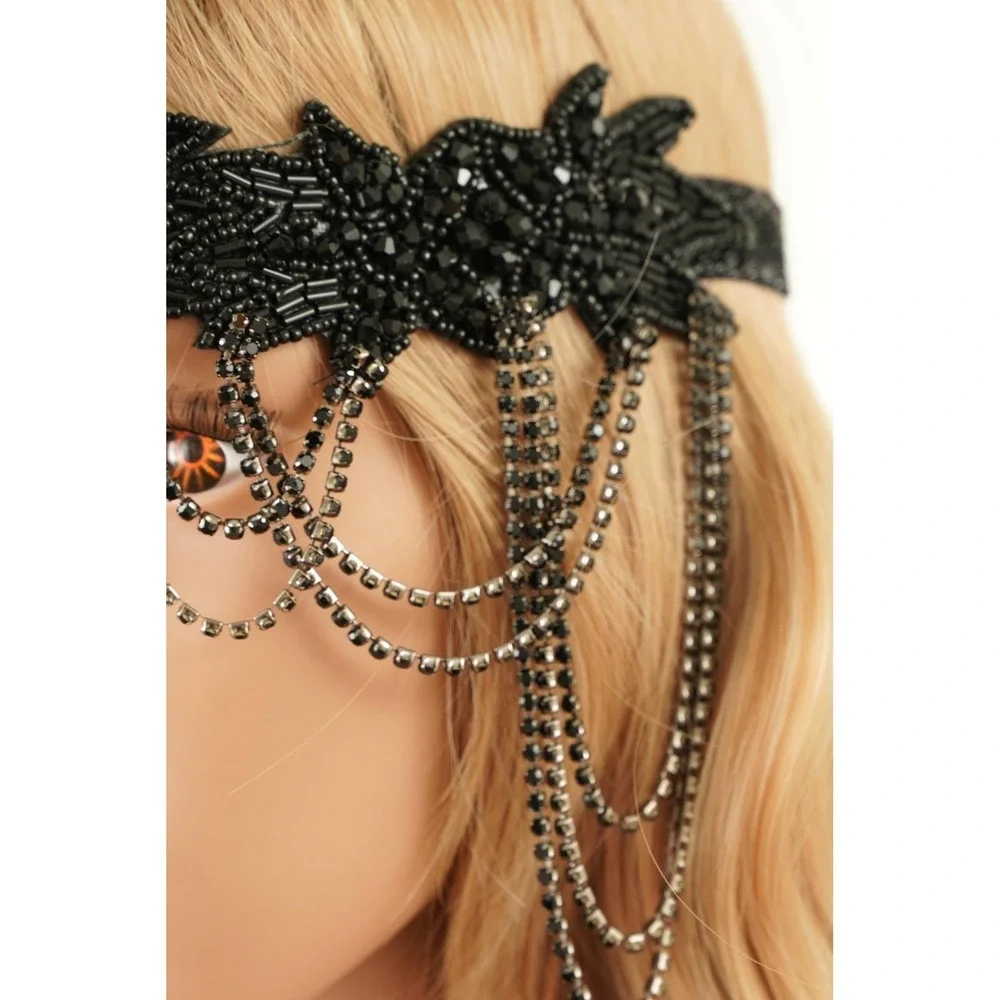 Black 1920s Style Flapper Headband Feather Beaded Rhinestone Headpiece Costume